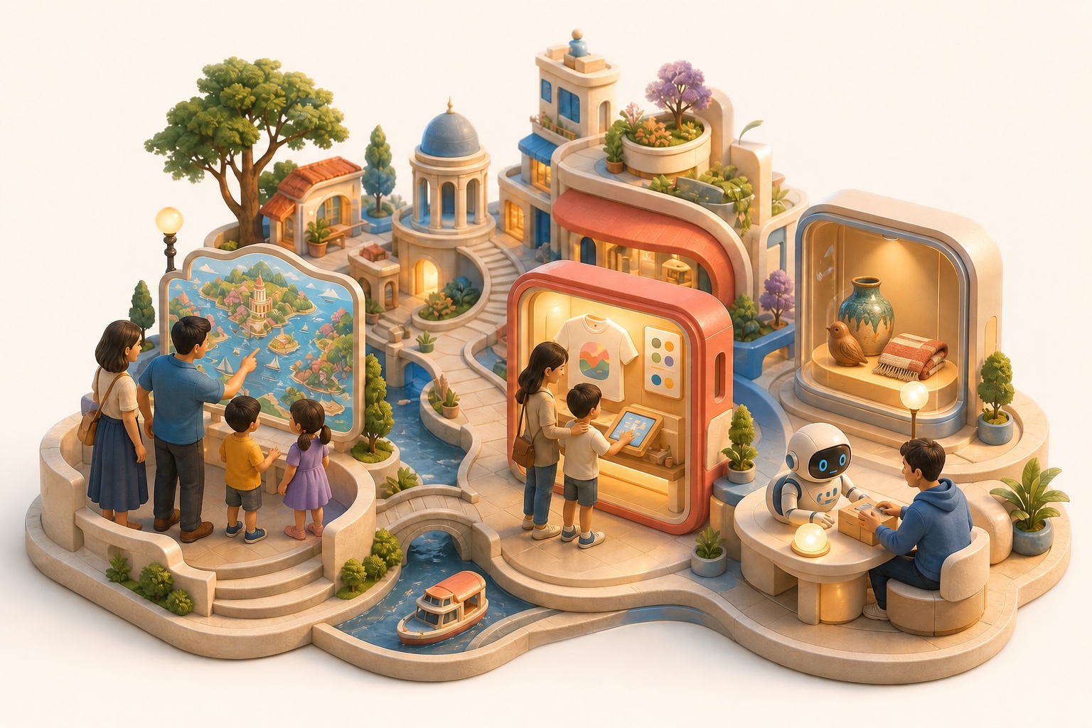 A miniature city where families explore, create souvenirs, discover handmade ceramics, textiles, and wooden objects, and work with a friendly robot