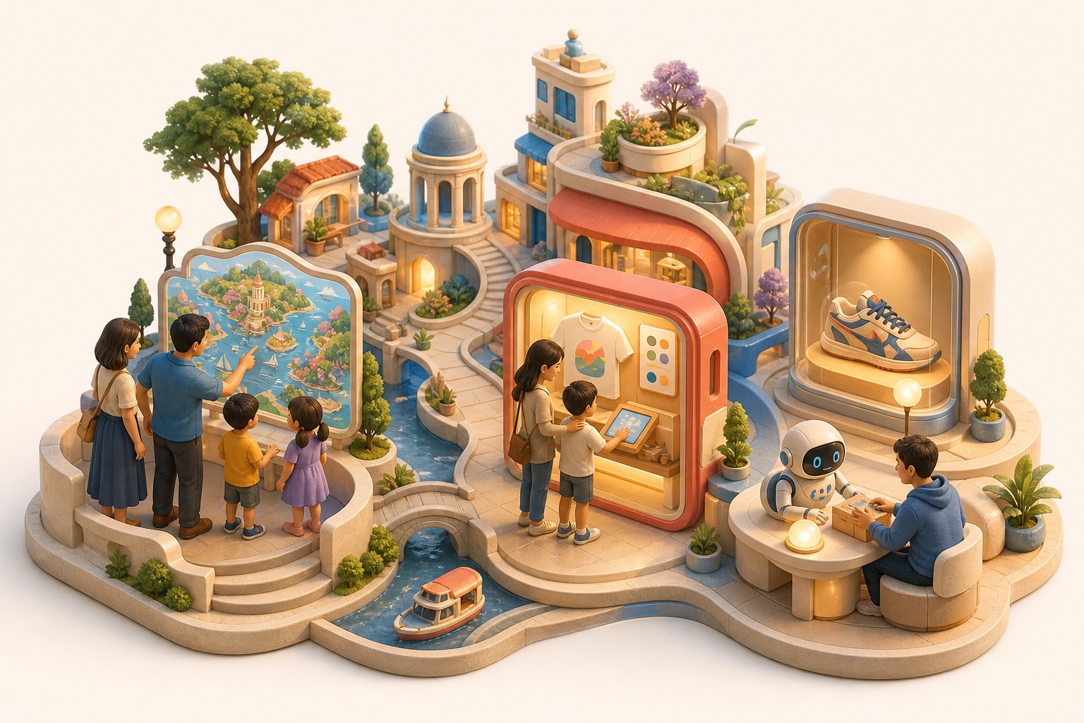 A miniature city where families explore, create souvenirs, collect rare shoes, and work with a friendly robot