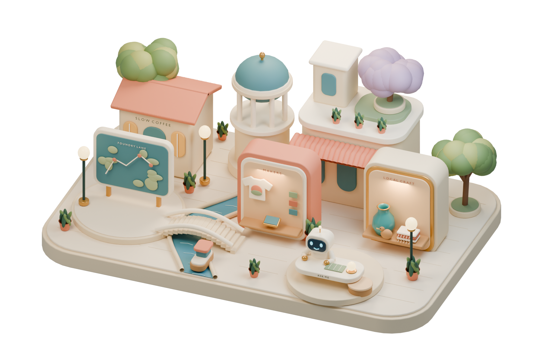 An original miniature neighborhood with a map terrace, textile design kiosk, artisan craft display, and friendly robot guide, linked by a canal and stone bridge.